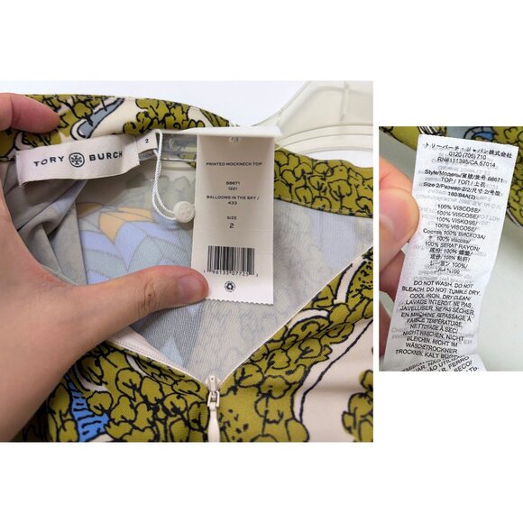 NWT Tory Burch Balloons In The Sky Print Top Blouse Mock Neck Hot Air Green 2 - Picture 2 of 11